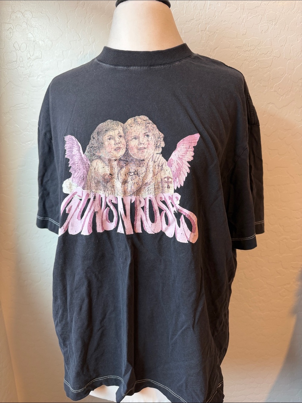 Black Guns n Roses Graphic Tee with Pink Angel Print